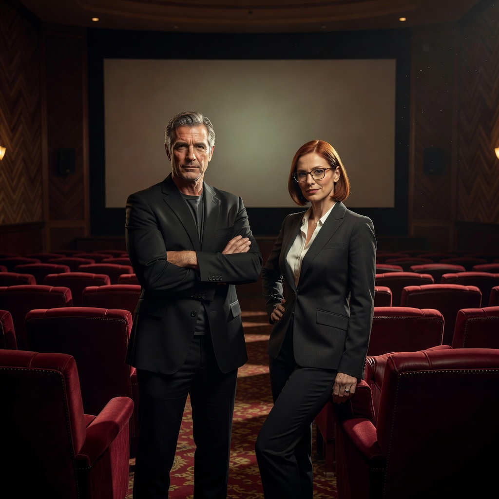 Hollywood film director and studio editor posing in screening room