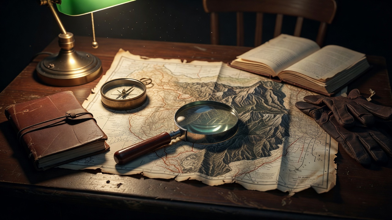 Retro magnifying glass map mystery investigator concept